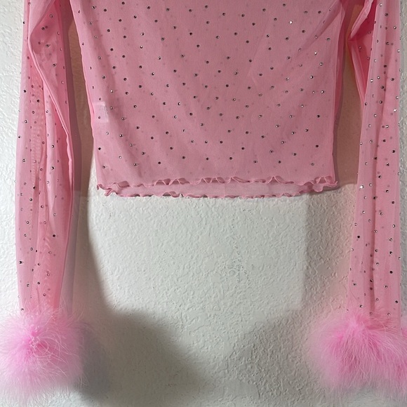BEAR DANCE Long Sleeve Fur Trim Rhinestone Mesh Top Size Medium New - Picture 7 of 11